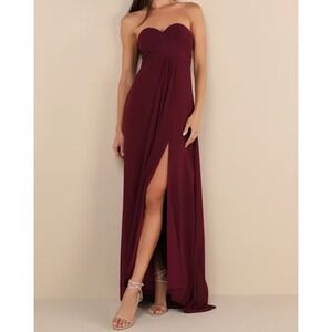 Lulus Splendid Aura Burgundy Strapless Sweetheart Neck Chiffon Maxi Dress Size S